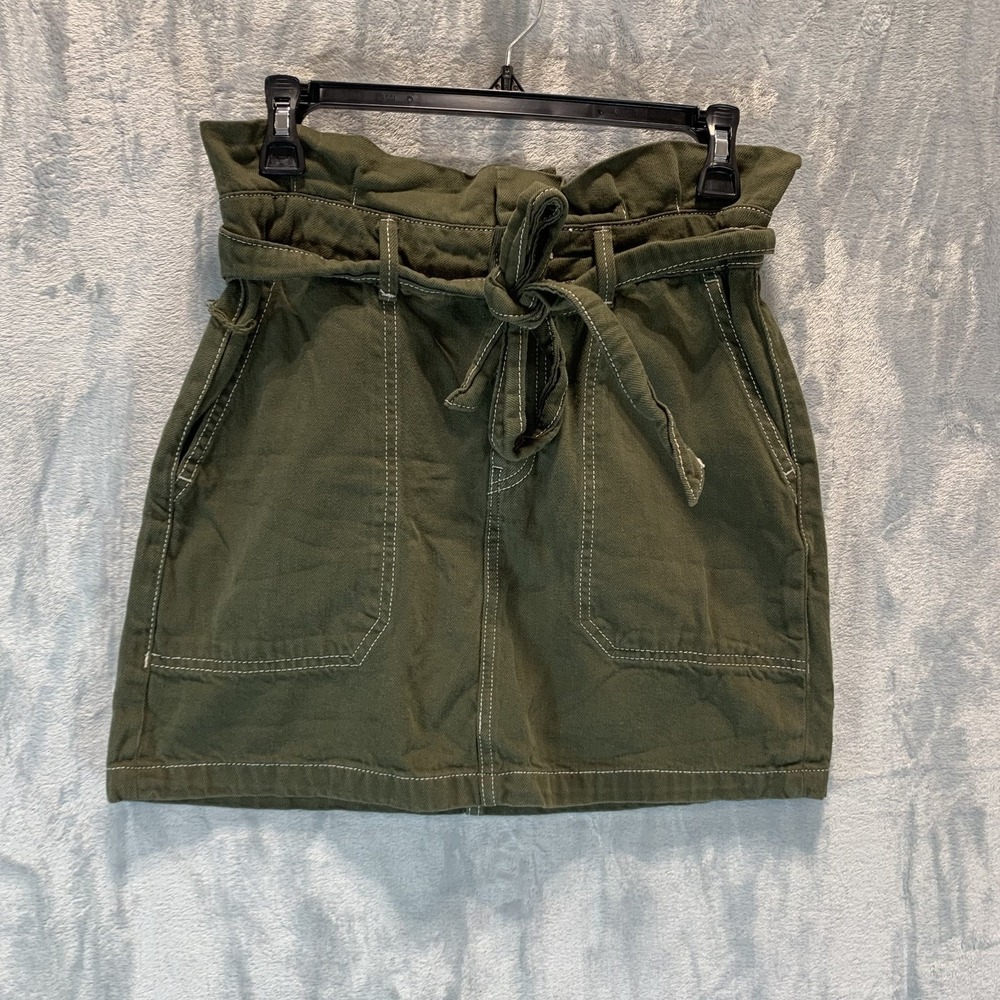 Free People Women's Mini‎ Skirt 4 Olive Green Paperbag Waist Canvas Thick Belted